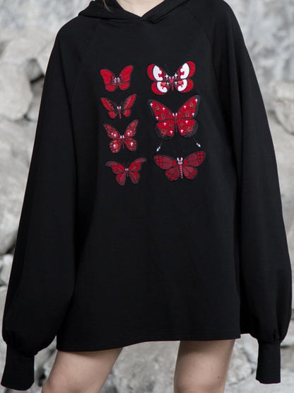 Flock Butterfly Dark Embroidery with Loose Delicate Romance Gothic Red Hoodie Black