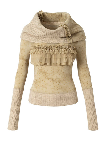 Detachable Sleeve Polka-dot Punk Vintage with Scarf Pattern Top Apricot Long