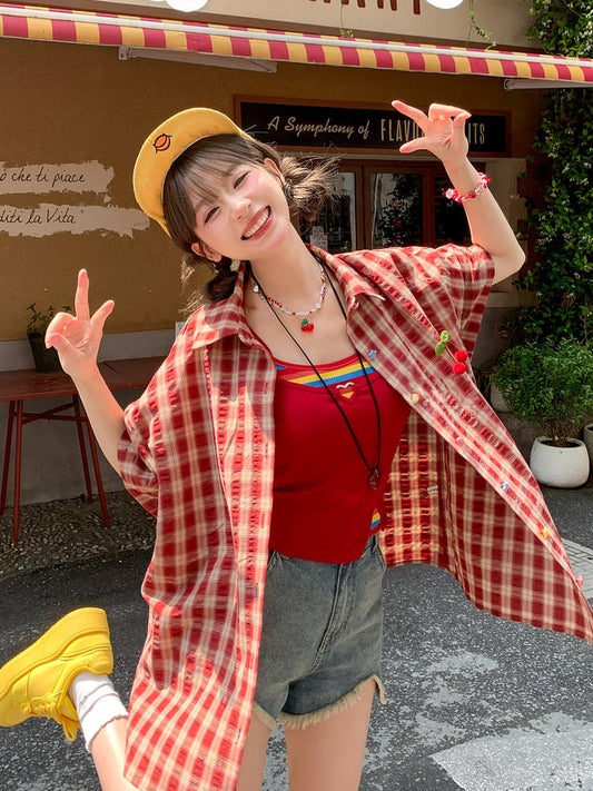 チェックシャツセット レッドフェイクツーピースキャミソールトップ（レッド）