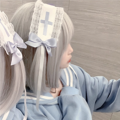 Ruffled Lace Hairband with Light Jirai Kei White Blue Bow and Cross