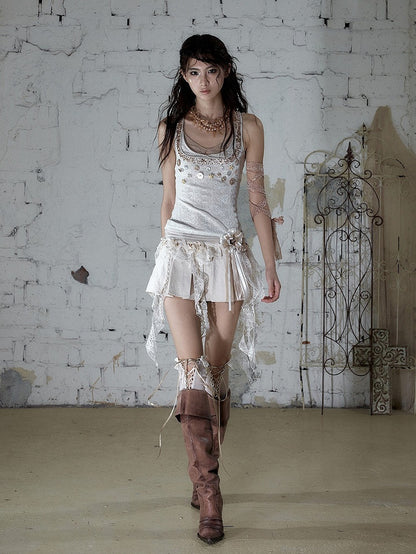 Off-White Fake Three-Piece Knit Cami Top with Shell Buttons - NO ROMANCE