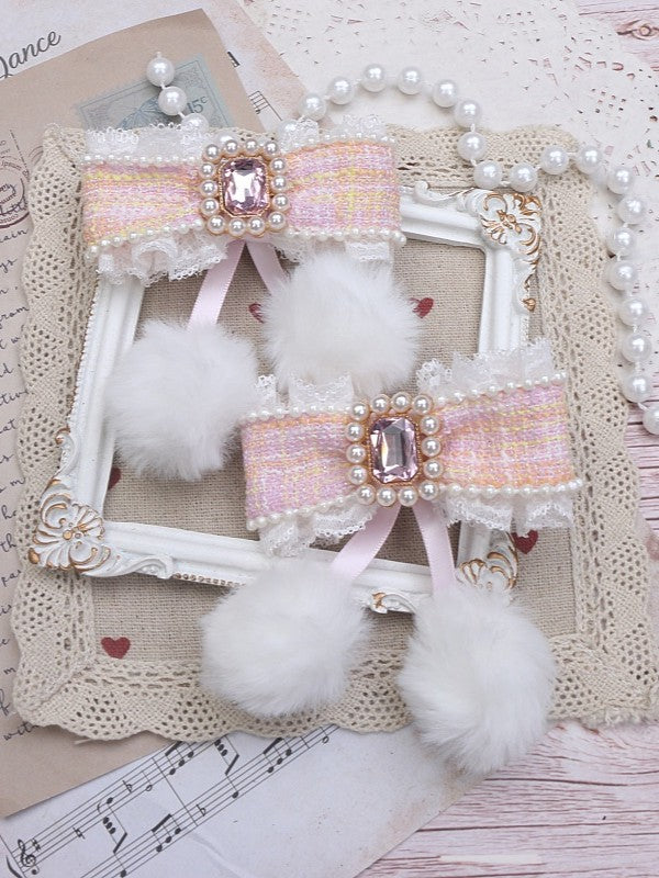 Tweed 5 Color Options With Hairclip Rhinestone Bowknot Jirai Pom-Poms Kei
