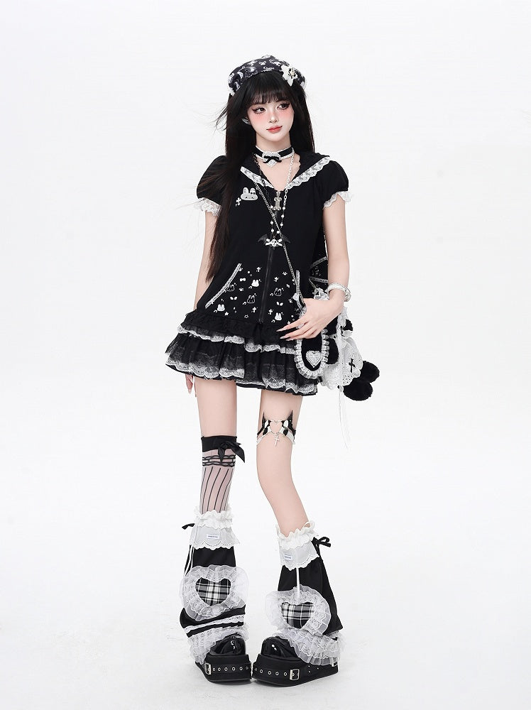 Jirai Trim Bunny Ears Design Hood Lace Kei Black/White