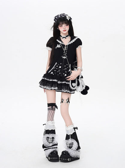 Jirai Trim Bunny Ears Design Hood Lace Kei Black/White