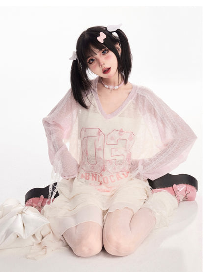 袖口ナンバープリント ブロケットコア セミシースルーカバーアップ ピンク Vネック 蝶結び