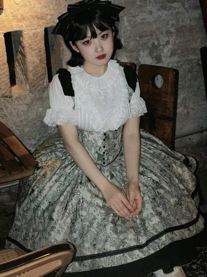 Basque Lolita Bust Jumper Skirt Under Waist Straps Shoulder Green Bowknot