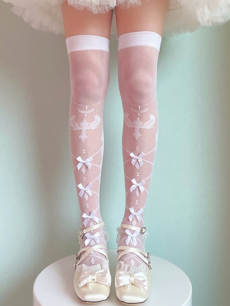 White/Black Bow Semi-sheer Cross and Wing Over Knee Stockings