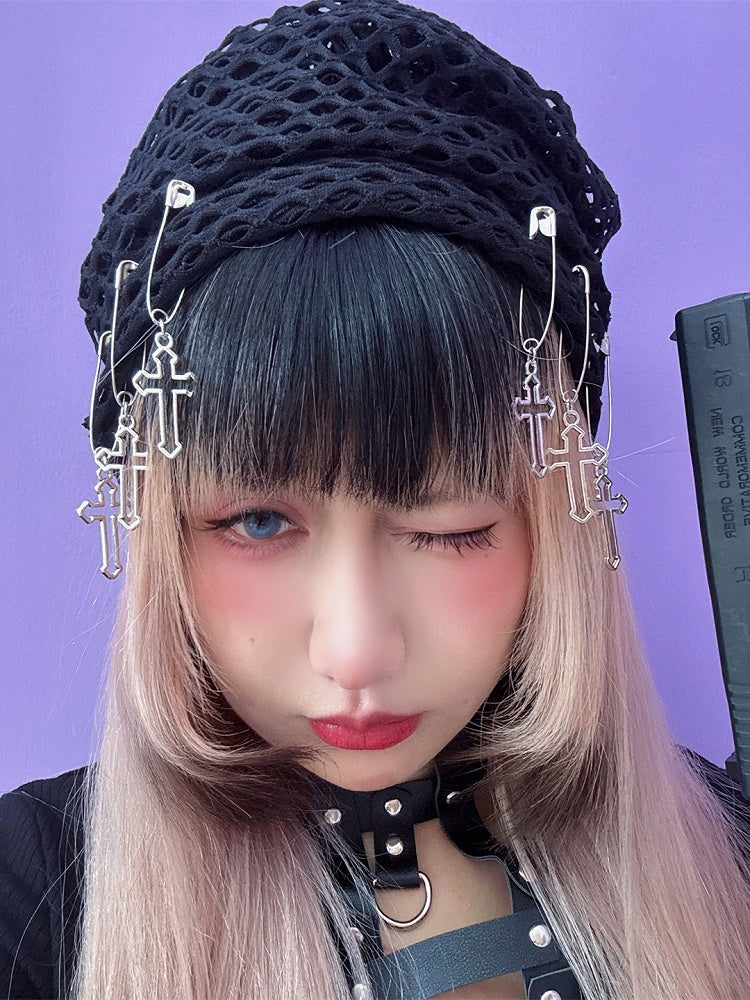 Charm Black Beanie Details Pin Y2K Design Cross Fishnet