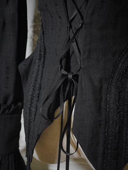 Black Ruffle Neckline Leg-of-Mutton Sleeves Blouse