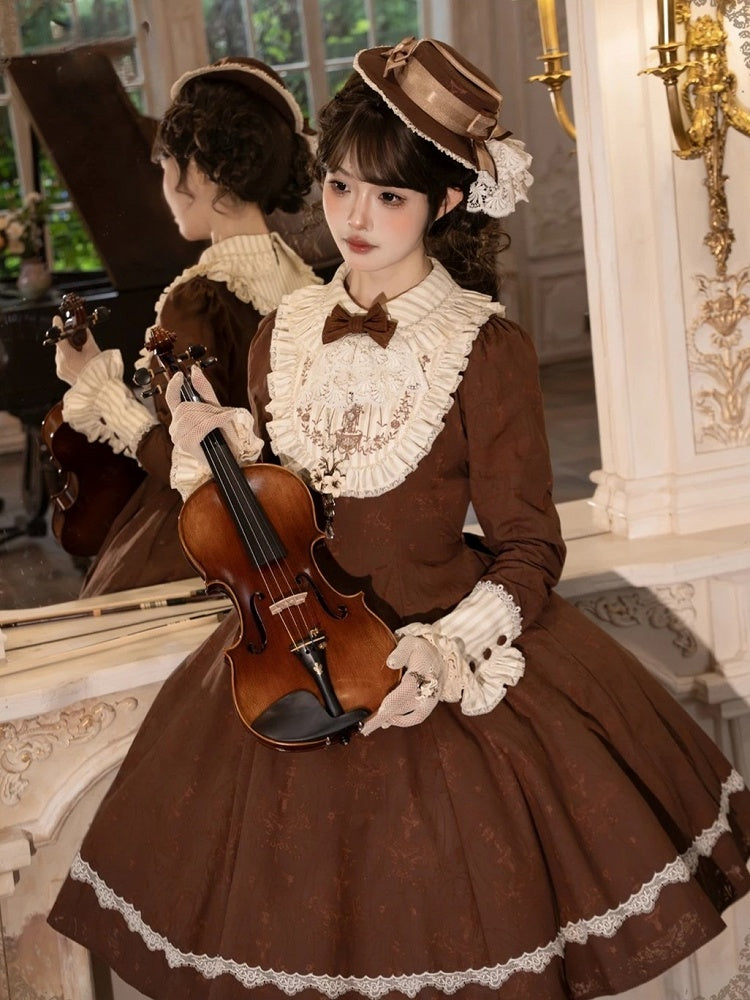 Brown Lace OP Dress with Detachable Bow - iris de nuit