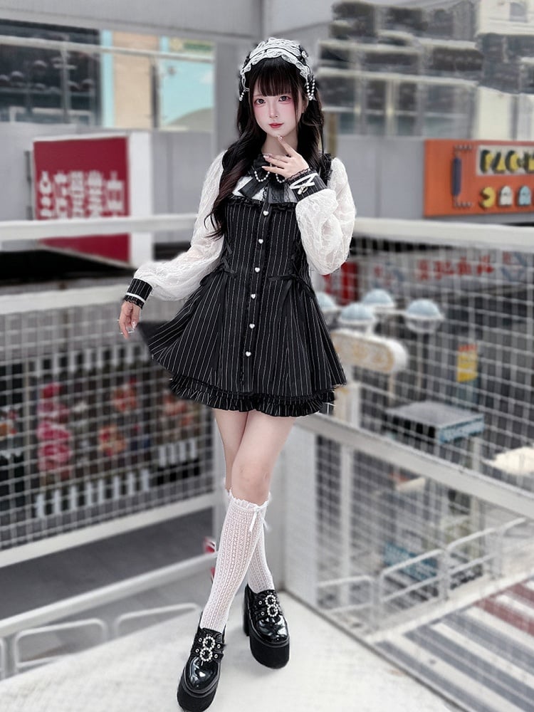 with Decor and Bead Shorts Kei Dress + Matching Black Long-Sleeve Stripe Set Chain Jirai Bow Lace White