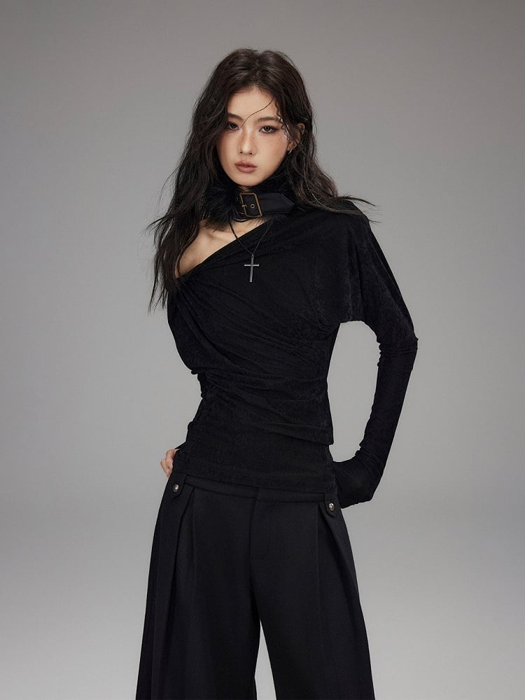 Black Velvet Asymmetrical Cutout Shoulder T-Shirt - Low pixel
