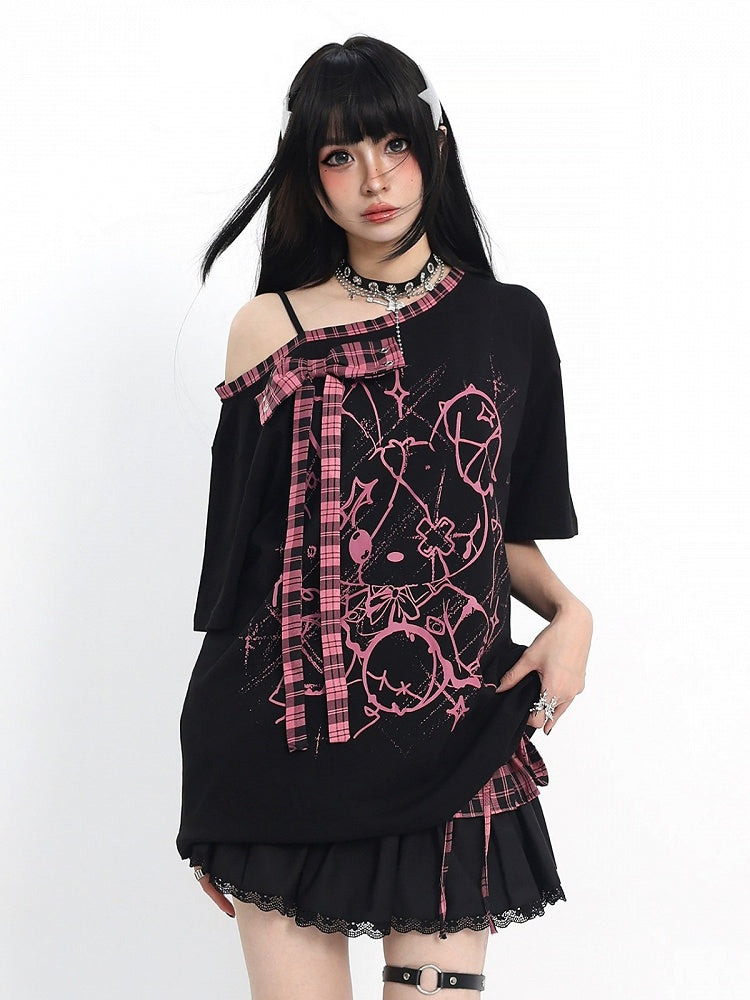 Ebony and Rose Asymmetric Tee with Doll Graphic and Check Bow - Catwish