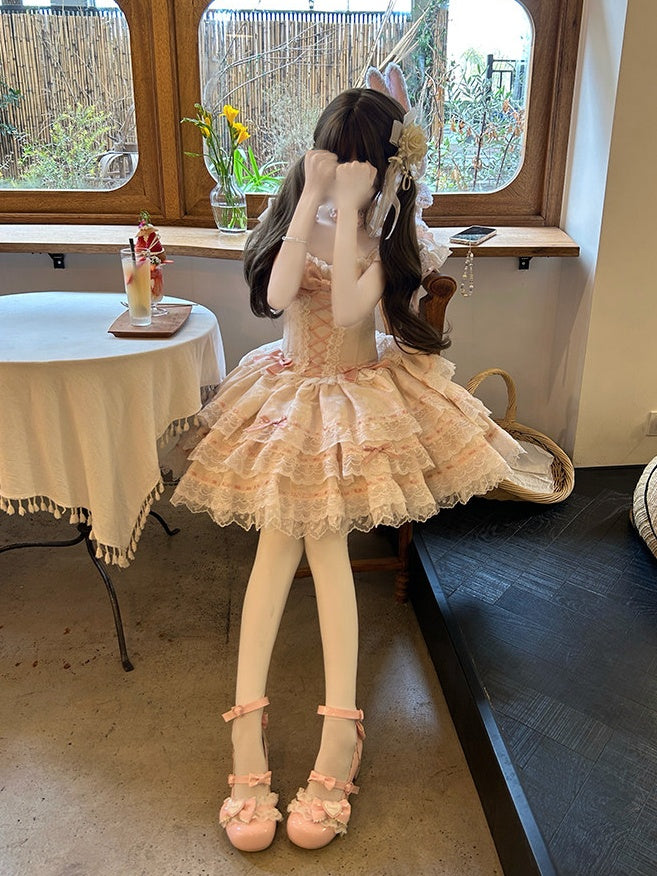 Details Dress Lace Jacquard with Lolita Pink Bow Princess Multi-Layered