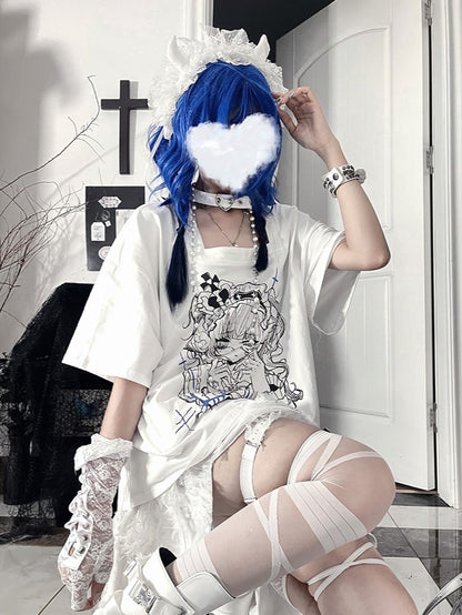 Back Square Neck Print Gothic Lace-UpAnime Sleeve White Topwith Short