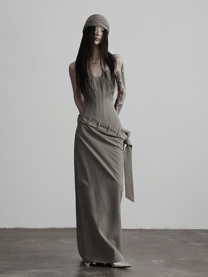 Gray Boned Strapless Long Dress with Belt - INDULGE