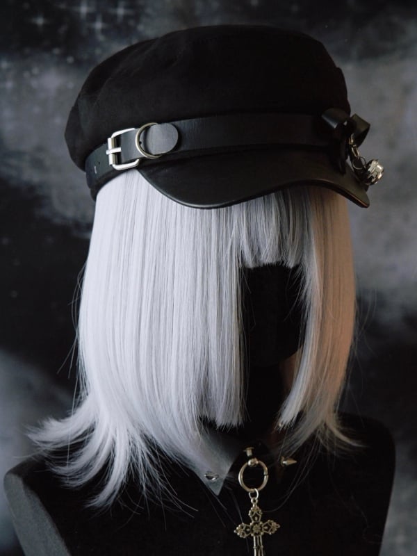 Charm Black Gothic Buckle Design Beret Bell Bowknot Hat Decorated