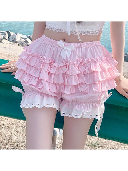 Pink Layered Lace Bloomers with Bow Embellishment - Lan Jian Chuan