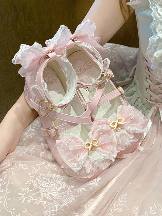 PU Pink - Lolita in Bows Janes Hime Light Mary Mid-heel Decor