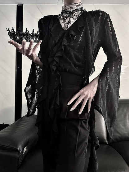 Gothic Noir V-Neck Blouse with Sheer Cutouts & Frilled Cuffs - Aont