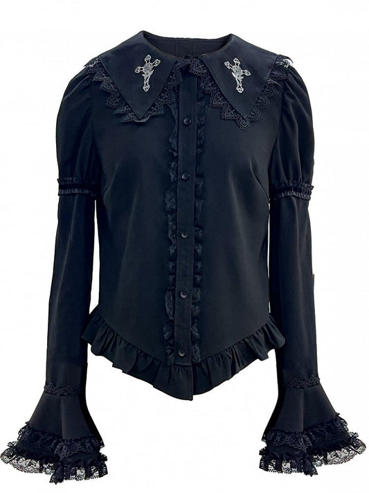 Sleeves with Embroidered Cross Black Rose Gothic Blouse Bell and