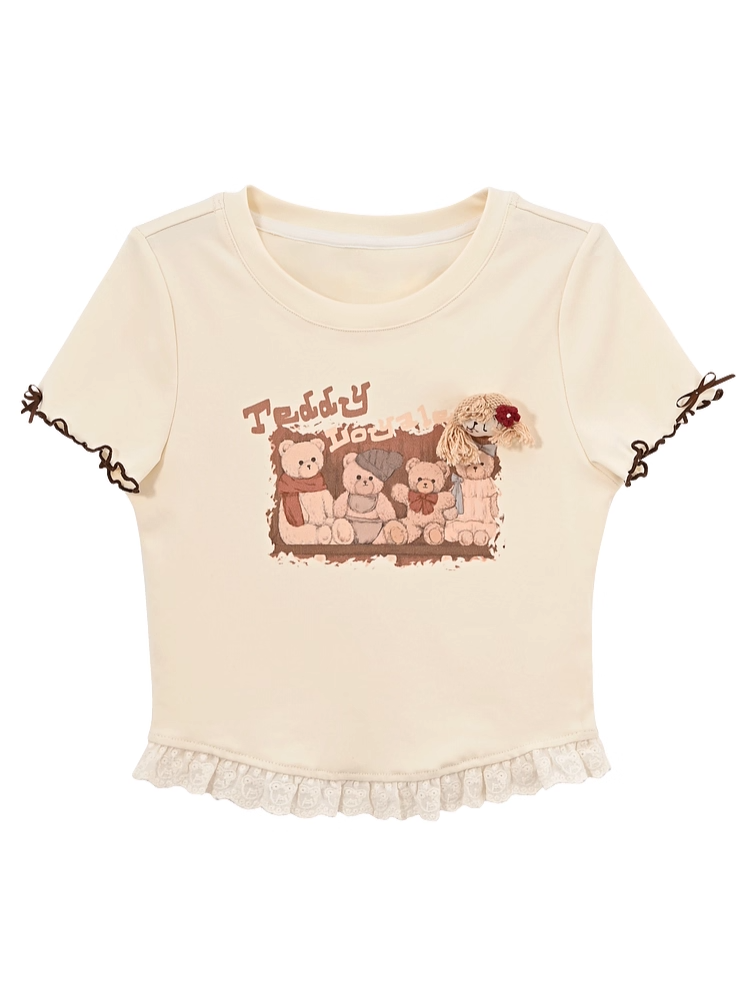 Teddy Bear Print Lettuce Cuffs Vintage Lace Hem Apricot T-shirt