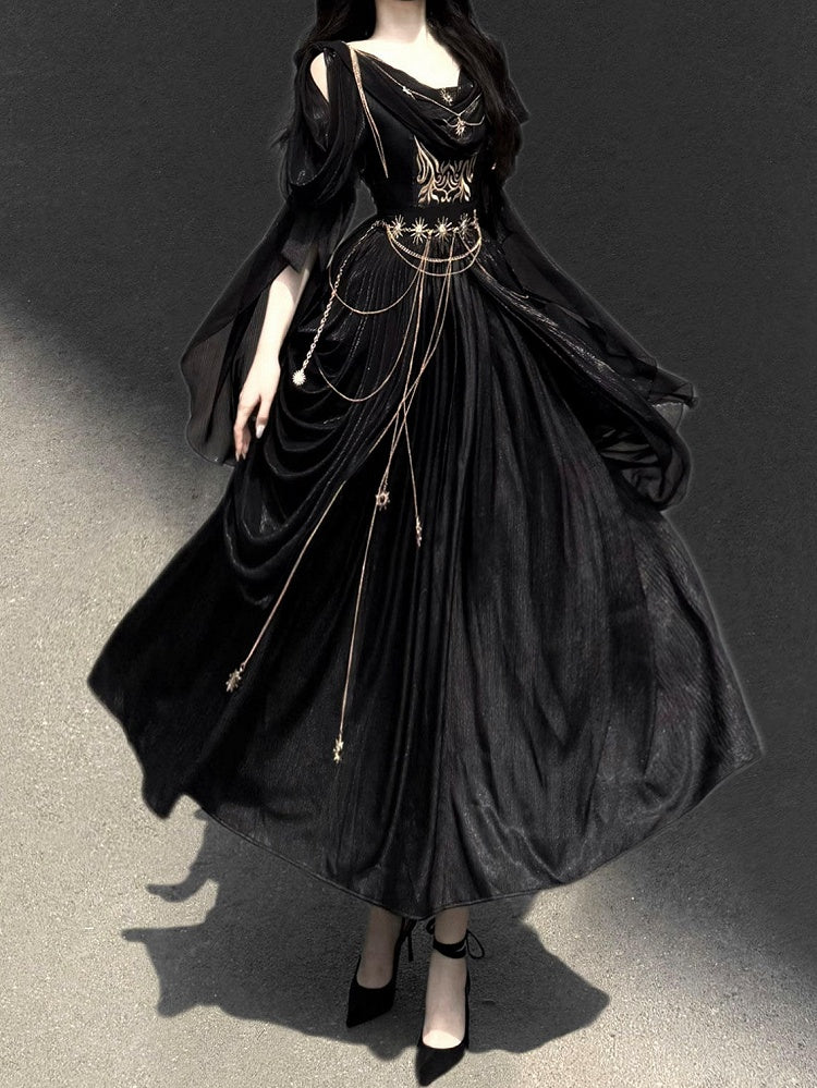 Embroidery Flowing and Sleeves Dress Black Golden Lolita Greek-inspired Chain Accents with