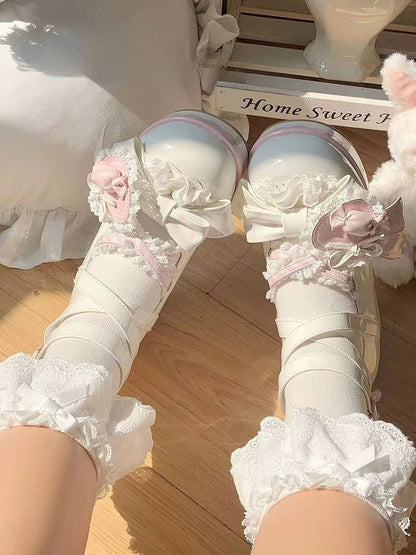 Straps White with Details Design Candy Lace Shoes Bow Sweet and Pink Lolita Heart Shoe Round-Toe Clip Ruffled - Crisscross