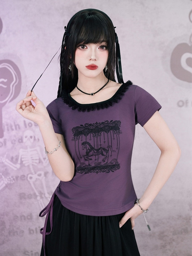 Purple Cotton Short Sleeve Square-Neck Tee with Carousel Print and Drawstring - Quirky Hut