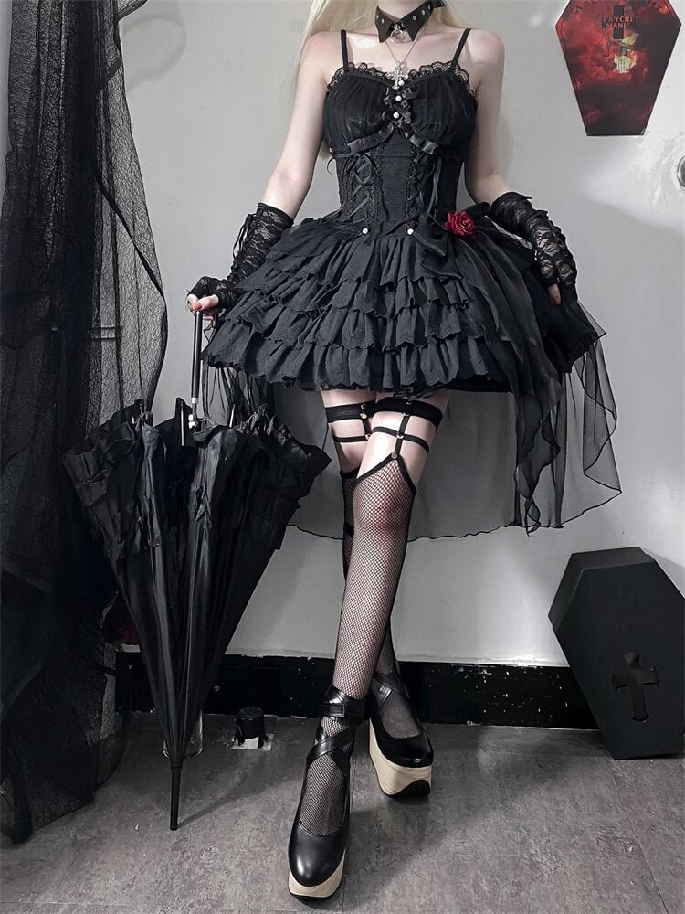 Black Sweetheart Neckline Corset Waist Jacquard Kuro Lolita Jumper Skirt with Rosette Accent - Unknown Star