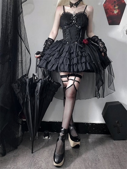 Black Sweetheart Neckline Corset Waist Jacquard Kuro Lolita Jumper Skirt with Rosette Accent - Unknown Star