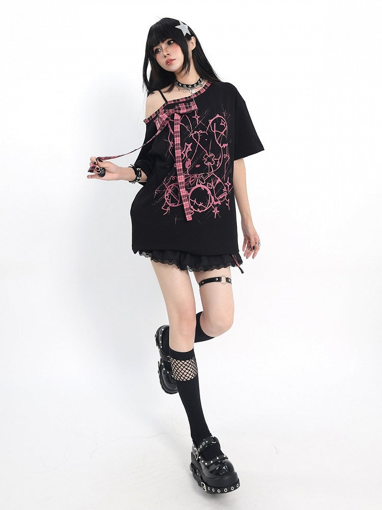 Ebony and Rose Asymmetric Tee with Doll Graphic and Check Bow - Catwish