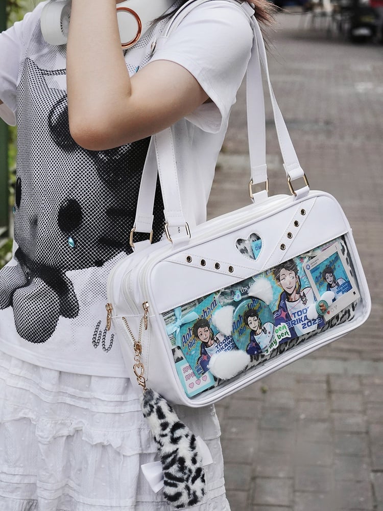 Cute White Charm PU Decorated Ita Bag Tail Shoulder with Leopard