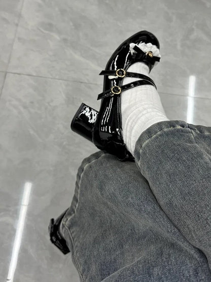 with Toe Sweet Round Heels Snap Lolita Decor Fastener Bow Mid Black