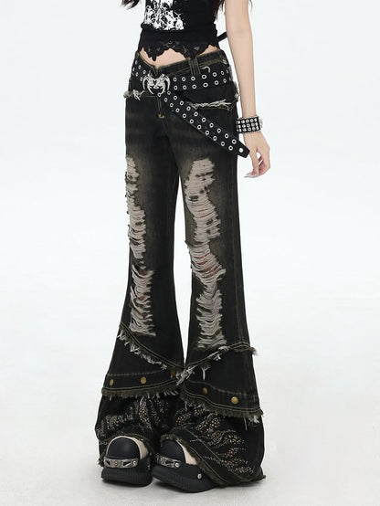Details Y2K Black Distressed Holes Raw Cuffs Flared Jeans Rhinestone Hem