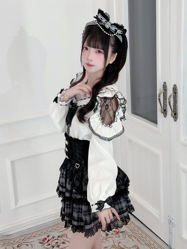 Black Jirai Kei Plaid High-Waist Skirt with Lace Trim Detail - Puppet Bombs