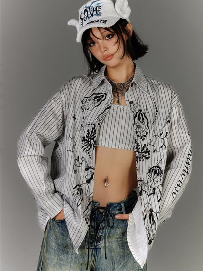 Cami Top Streifen Graffiti Distressed Weiß Schwarz Cropped