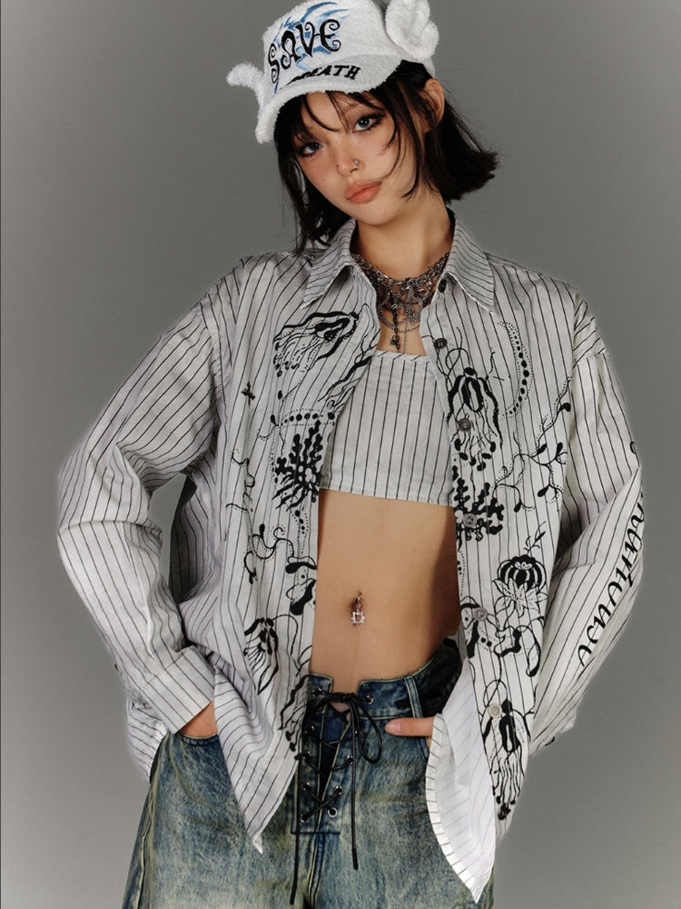 Silhouette Oversized Black  White Stripes Distressed Graffiti Shirt