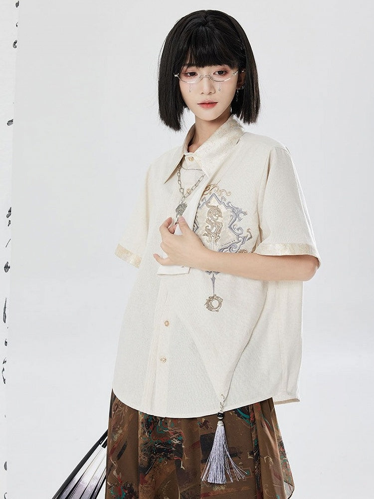 White Gold Thread Dragon Shirt - Qing Tang Original