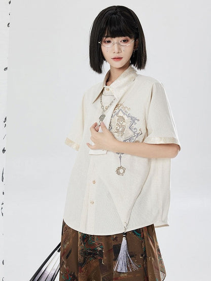 White Gold Thread Dragon Shirt - Qing Tang Original
