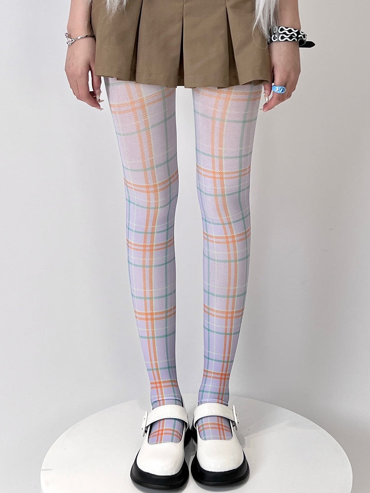 Tights Plaid Y2K WhiteGreen/Purple