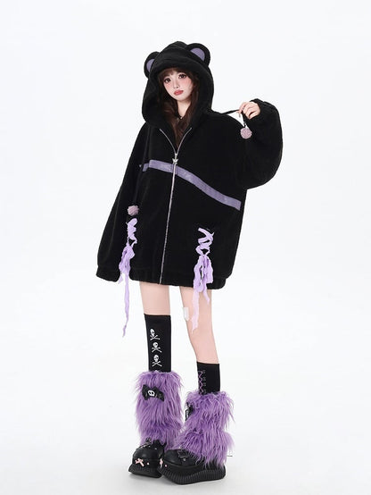 Schwarzer dicker Kapuzenmantel mit Bärenohren und Schnürung