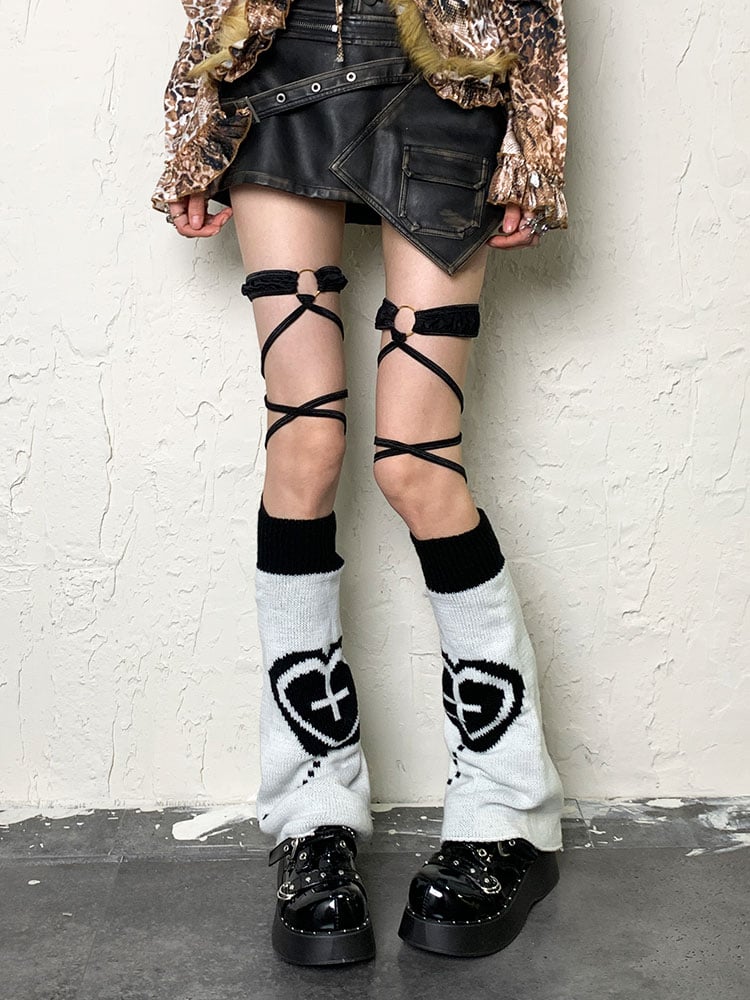 Yami Kawaii Schwarz-Weiß Y2K Herz Kreuz Beinwärmer