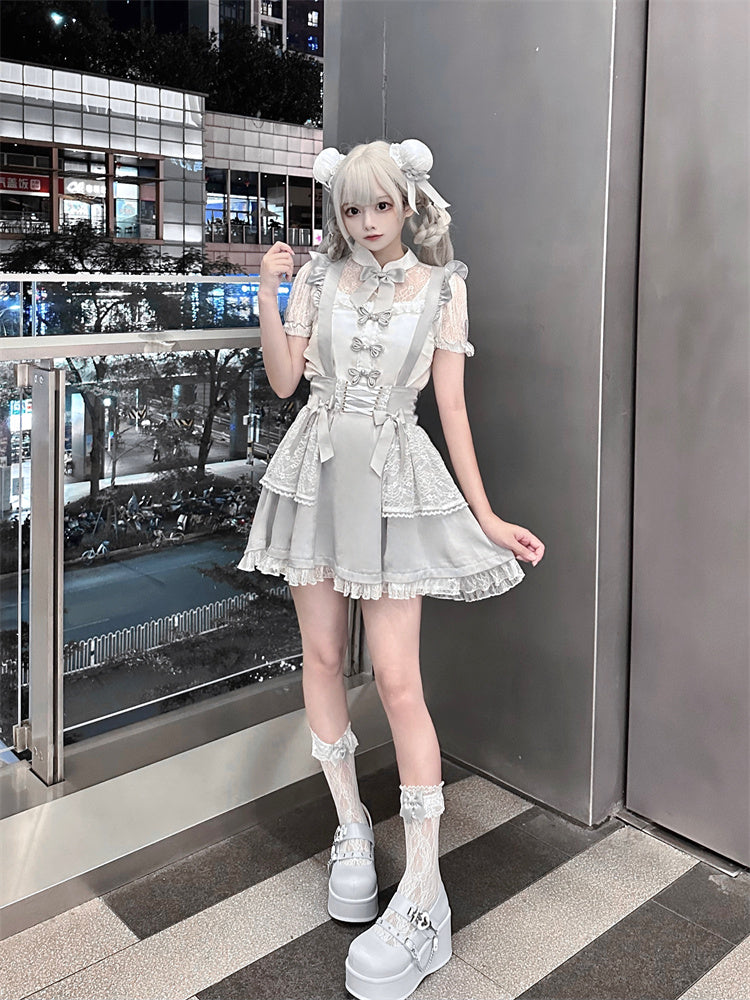 Ruffled Lace Trim Flutter Sleeves Kei Embellished Gray Bowknots Jirai Overalls