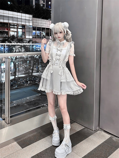 Ruffled Lace Trim Flutter Sleeves Kei Embellished Gray Bowknots Jirai Overalls