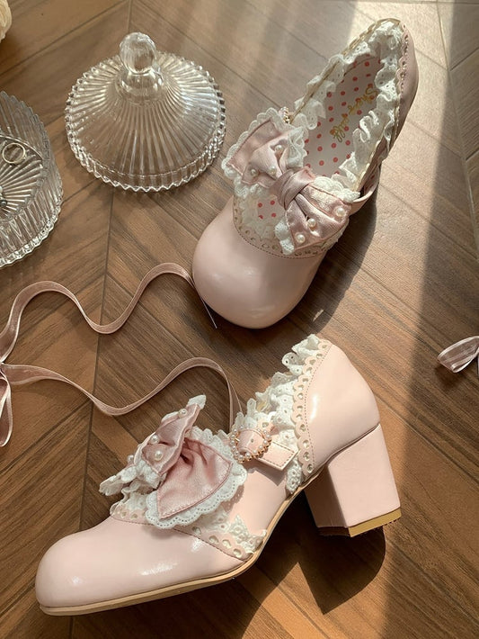 - Hem Lolita Pink Trim Lace Mid-heel Scalloped Shoes Sweet