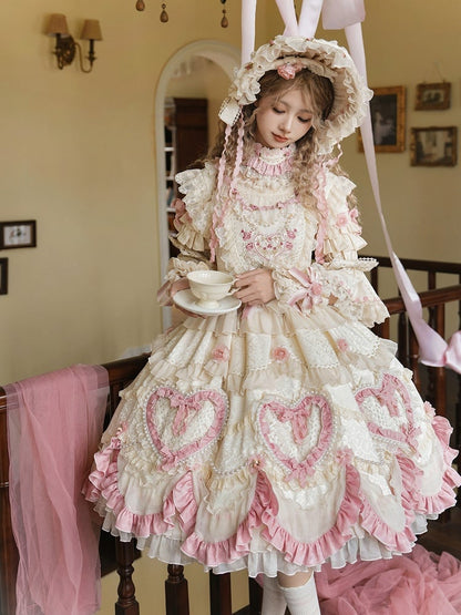Beige Hanayome Rosette Stickerei Blumen und Perlenkette Lolita OP Komplettset