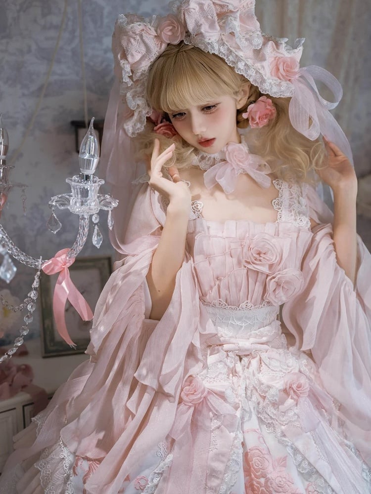 Version JSK Dress Hanayome Lolita Accents Pink with Light Short Flowing Ruffles Rose Layered