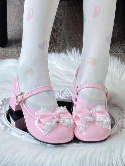 with Floral Round - Lolita Sweet Mid Heels Toe Pink Bow