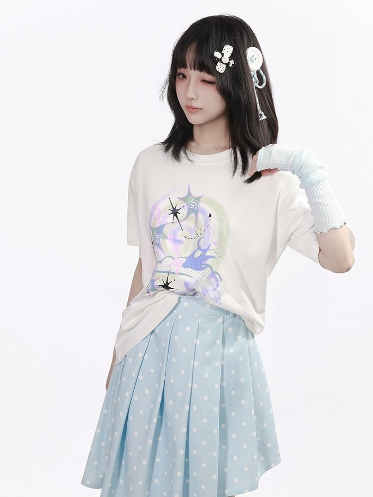 White Round Neck Short Sleeve T-Shirt with Nebula Print - PINK SAVIOR